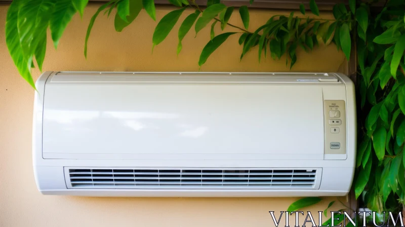 White Air Conditioner with Green Leaves on Beige Wall AI Image