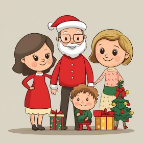 Holiday Family Cartoon with Santa, Gifts, and Christmas Tree