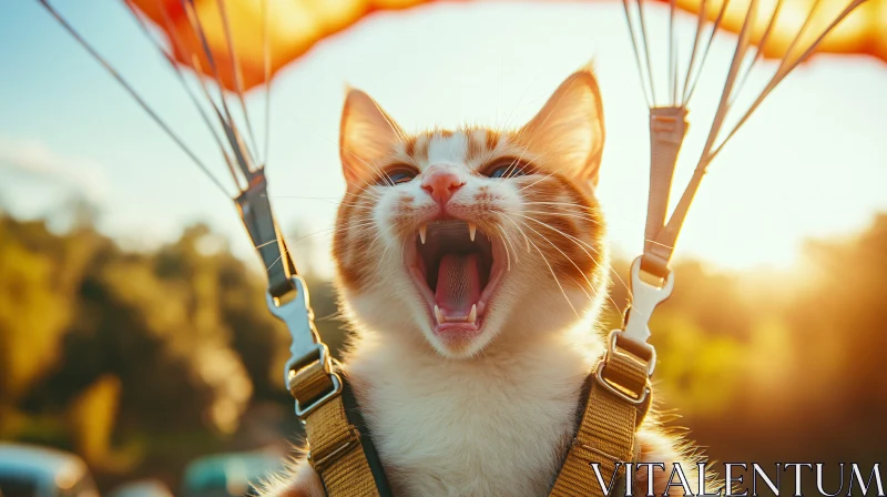 Adventurous Cat Enjoying a Parachute Ride at Sunset AI Image