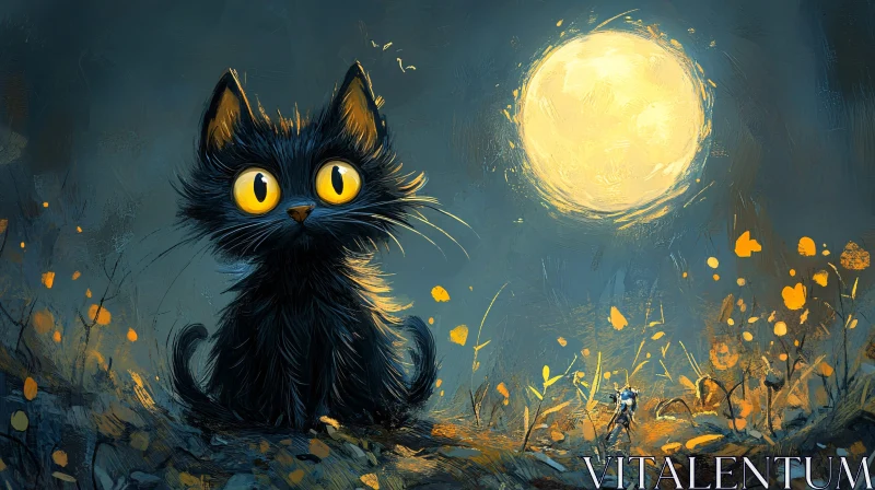 Black Cat with Glowing Eyes Under Moonlight AI Image