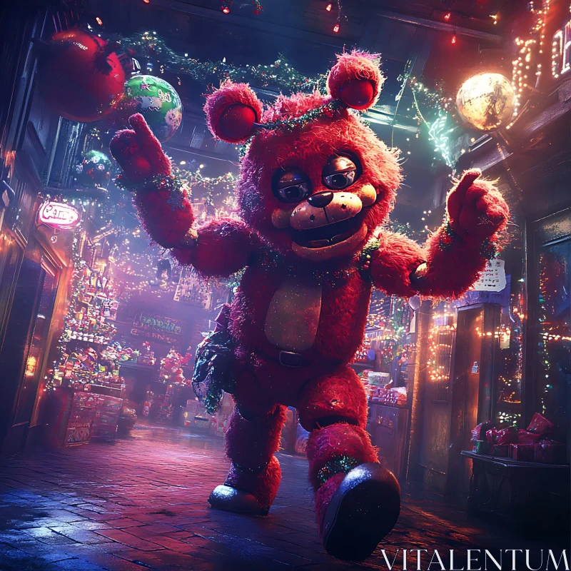 Holiday Animatronic Bear in Decorated Street AI Image