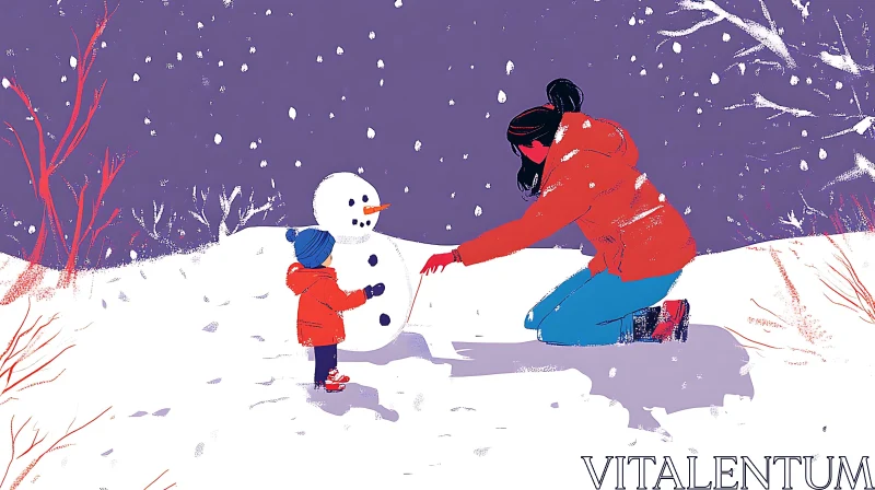 Winter Bonding: Mother and Child in Snow AI Image