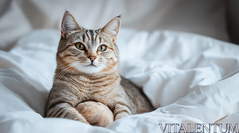 Comfortable Tabby Cat on White Sheets AI Image