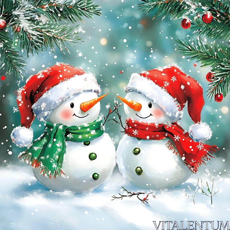 Cheerful Snowmen in Holiday Scene AI Image