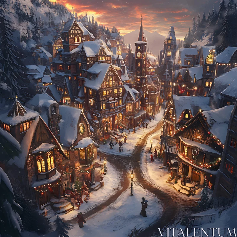 Charming Snowy Village with Christmas Lights AI Image