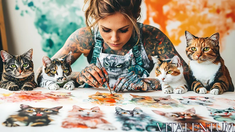 Creative Tattooed Artist with Cats AI Image