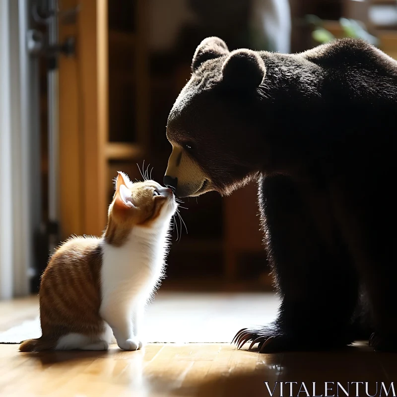 Heartwarming Encounter Between Cat and Bear Indoors AI Image