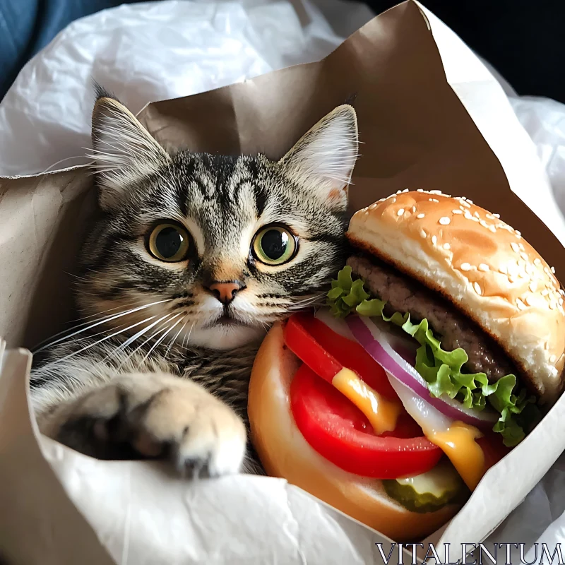 Surprised Cat with Tasty Burger AI Image