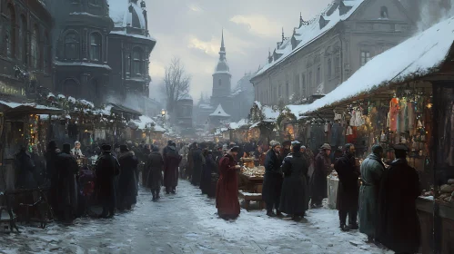 Snow-Covered Winter Market with Historical Charm