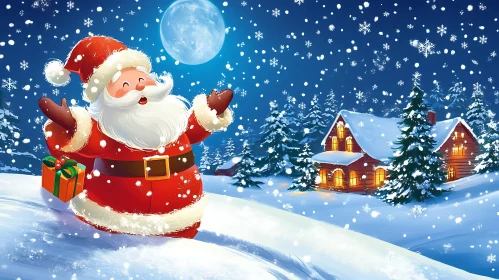 Festive Santa Claus with Gift in Snowy Landscape