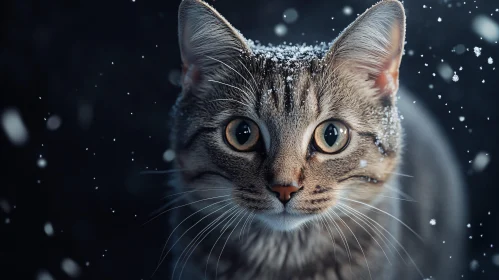 Cat in Winter Snowfall Close-Up