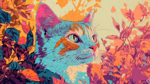 Vivid Cat Portrait in Abstract Foliage