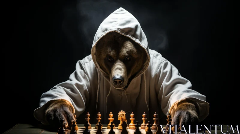 Bear Playing Chess in a Hood against a Dark Background AI Image