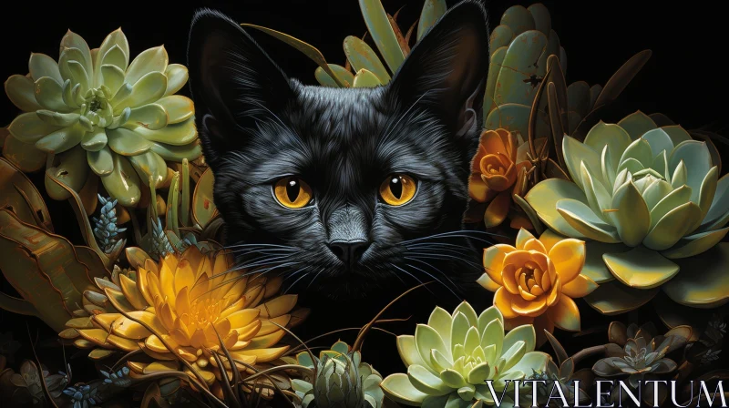 AI ART Black Cat in Succulent Garden - Digital Painting