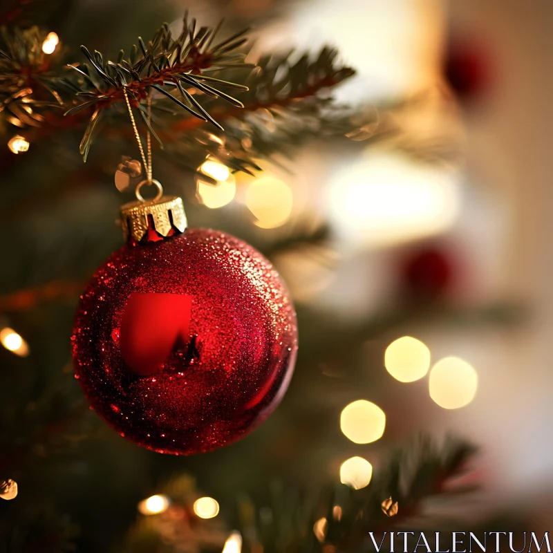 Glittering Red Bauble on Christmas Tree AI Image