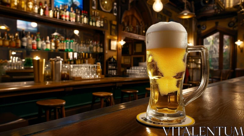 Captivating Beer Mug on Wooden Bar Counter AI Image