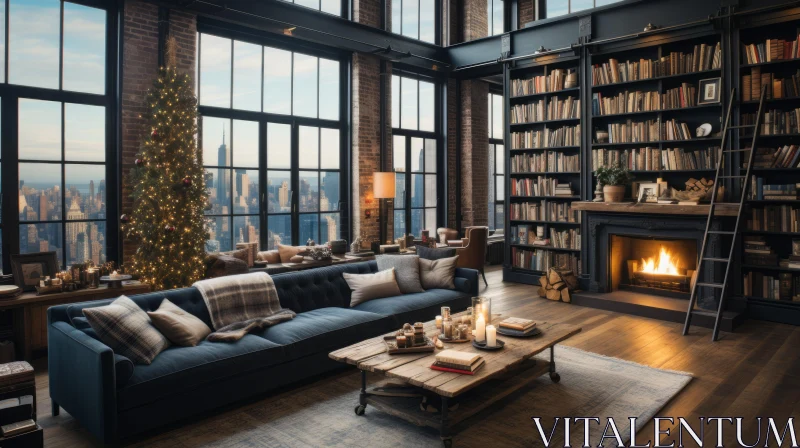 Captivating Industrial Living Room with Books and Furniture AI Image