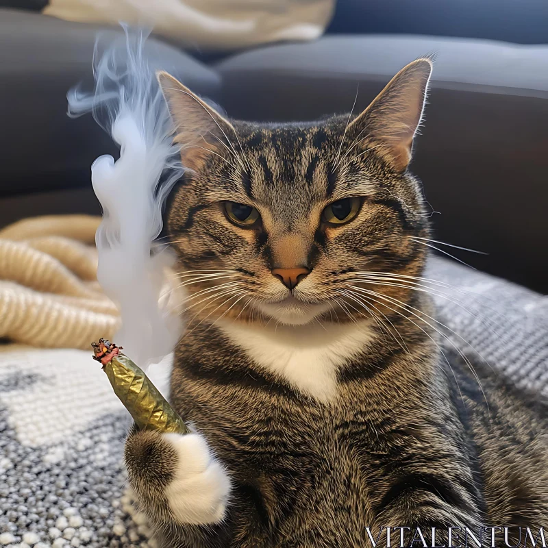 Humorous Cat with Smoke in Cozy Setting AI Image