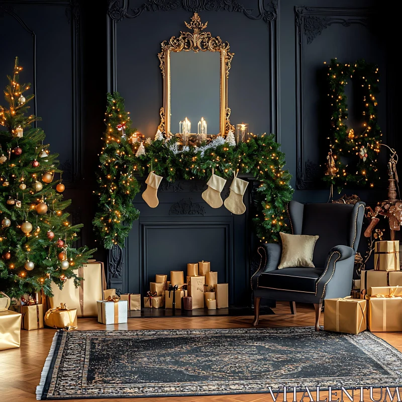 Elegant Holiday Interior with Garland and Gifts AI Image