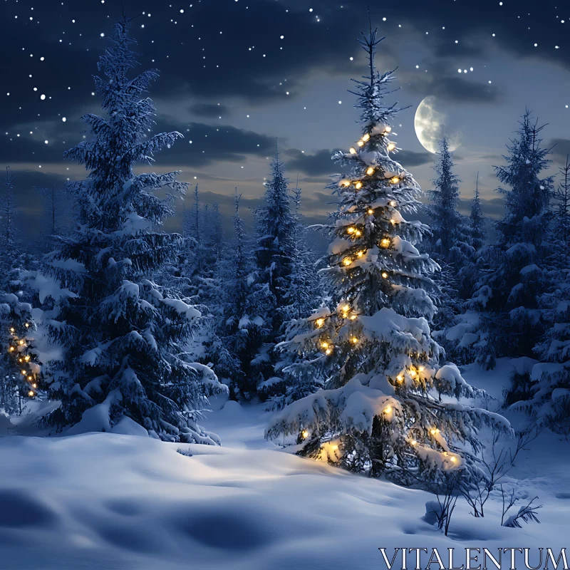 AI ART Serene Snowy Forest at Night with Moonlit Sky