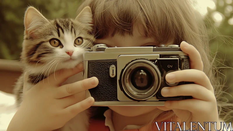 AI ART Adorable Child and Kitten with Retro Camera