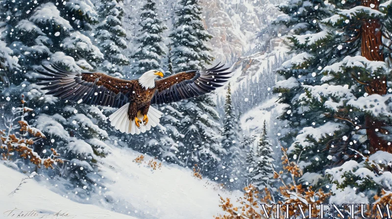Eagle Flying Through Snowy Forest Painting AI Image