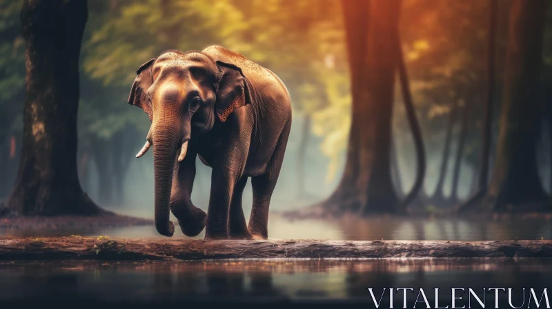 Elephant Walking through Forest in Beautiful Sunlight - Layered Imagery with Subtle Irony AI Image