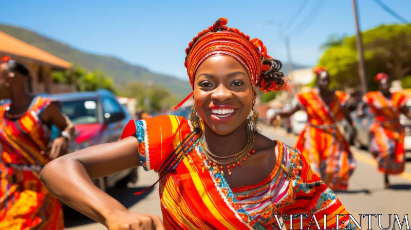 Energetic African Woman Dancing in the Street | Vibrant Traditional Costumes AI Image