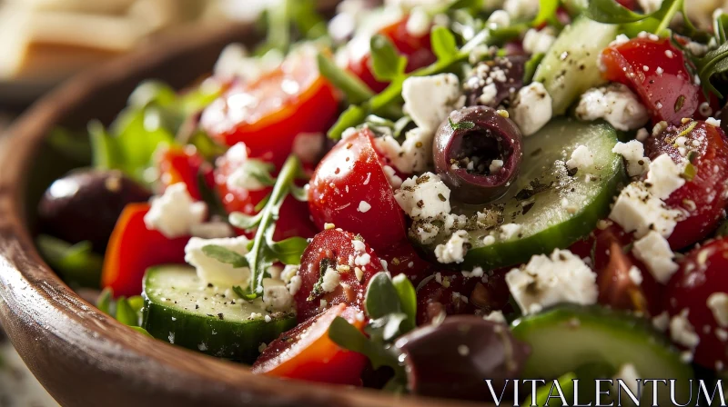 Exquisite Greek Salad in a Wooden Bowl - Close-up Photo AI Image