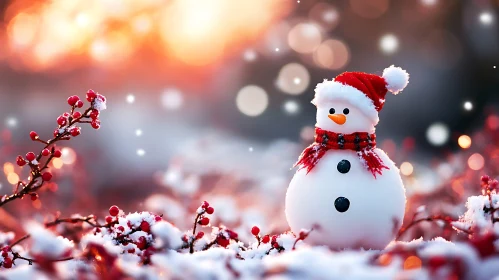 Snowman with Santa Hat and Sunset in Snowy Landscape