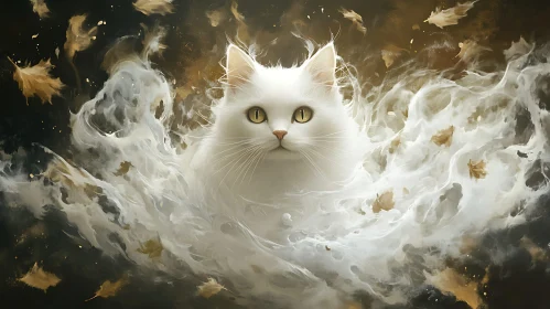 Fantasy Scene of White Cat Enveloped in Mystical Swirls