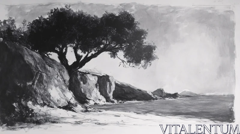 AI ART Black and White Drawing of Coastal Landscape