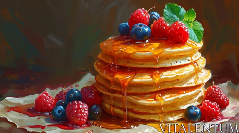 Fluffy Pancakes with Fresh Berries - Digital Painting AI Image