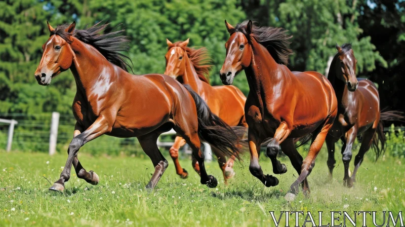 Four Brown Horses Running in a Green Field AI Image