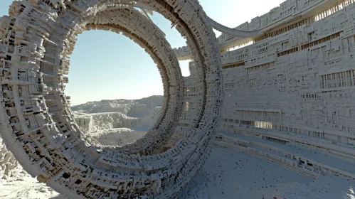 Futuristic Circular Structure in Front of Mountain | Industrial Fragments | Intricately Textured