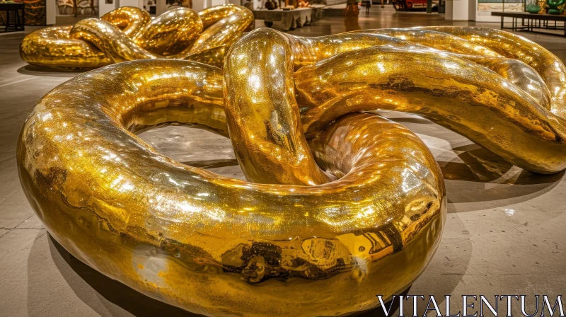 AI ART Gold Metal Pretzel Sculpture in Museum or Gallery Setting
