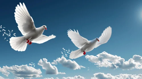 Graceful Flight of White Doves in a Serene Sky