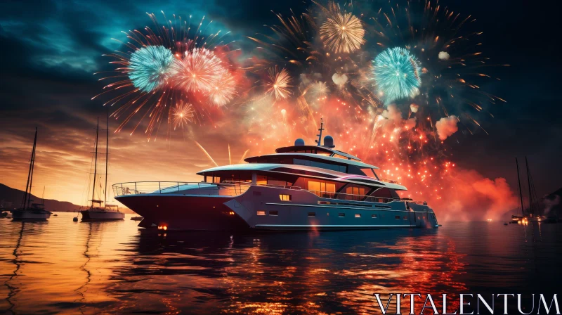 Luxurious Yacht in Ocean with Firework Display - Hyperrealistic Composition AI Image