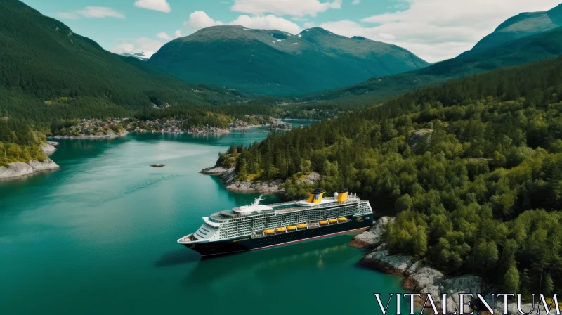 Majestic Cruise Ship Sailing Through Mountainous Landscape AI Image