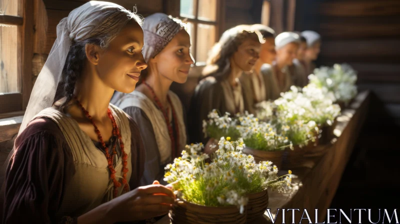 Medieval Women Gathering Flowers: A Nostalgic Scene AI Image
