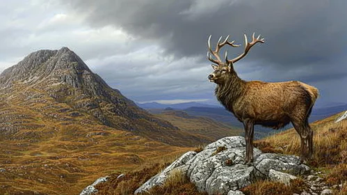 Red Deer Painting on Rocky Hilltop in Mountain Landscape