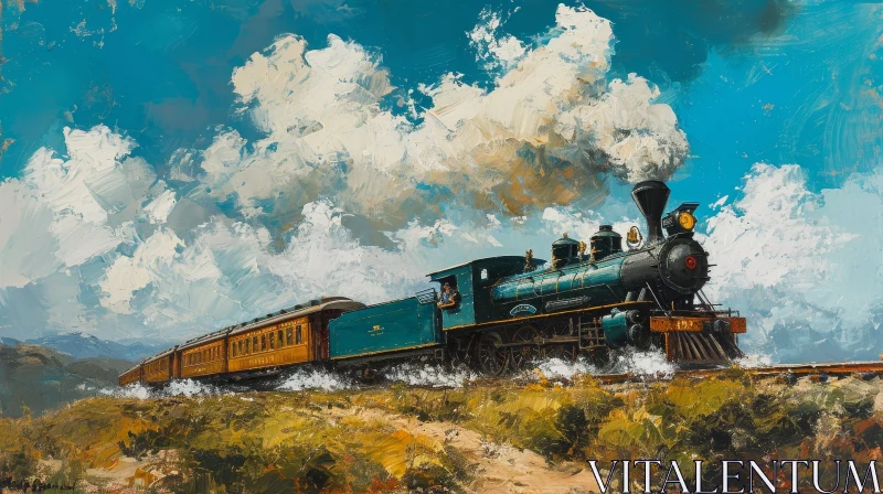 Scenic Painting: Steam Locomotive in Field with Mountains AI Image
