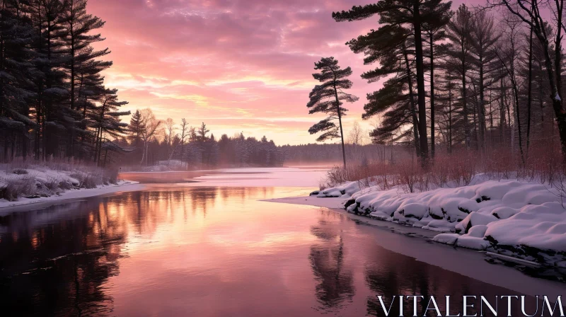 Serene Winter Landscape: Frozen River, Snow-Covered Forest AI Image