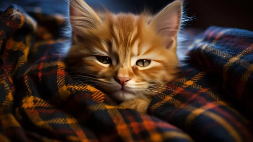 Sleeping Ginger Kitten on Tartan Blanket