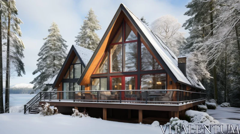 Tranquil Cabin in Snowy Woods with Lake View AI Image