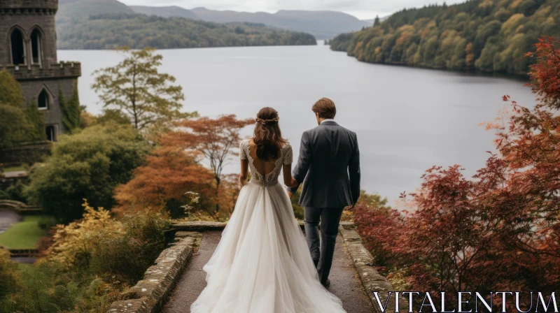 Wedding Portrait by a Castle Lake with a Mountainous Vista AI Image