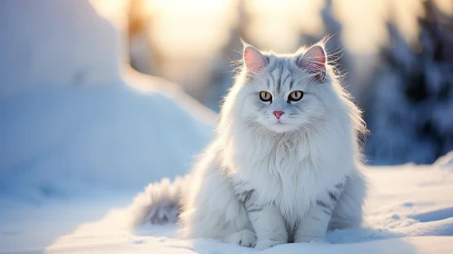 White Cat in Snowy Forest - Winter Scene