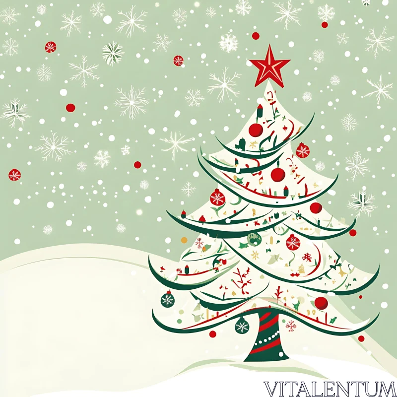 Holiday Scene with Decorated Christmas Tree and Snowflakes AI Image