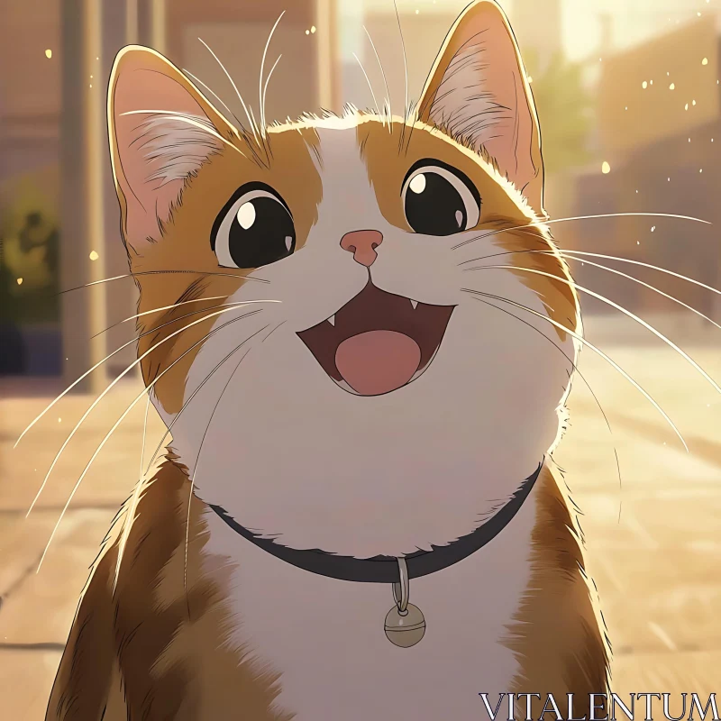 Joyful Anime Cat with Collar in Sunlight AI Image