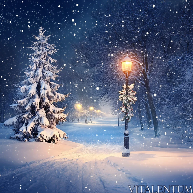 Snowy Night Park Scene AI Image